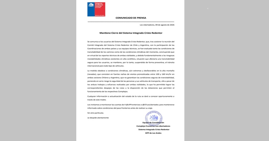 CNDC INFORMA: CHILE Y ARGENTINA MANTIENEN CIERRE PREVENTIVO DE PASO LOS LIBERTADORES